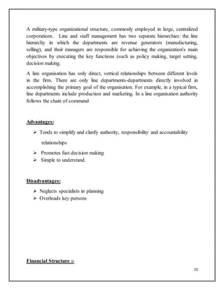 15
A military-type organizational structure, commonly employed in large, centralized
corporations. Line and staff management has two separate hierarchies: the line
hierarchy in which the departments are revenue generators (manufacturing,
selling), and their managers are responsible for achieving the organization's main
objectives by executing the key functions (such as policy making, target setting,
decision making.
A line organisation has only direct, vertical relationships between different levels
in the firm. There are only line departments-departments directly involved in
accomplishing the primary goal of the organisation. For example, in a typical firm,
line departments include production and marketing. In a line organisation authority
follows the chain of command
Advantages:
 Tends to simplify and clarify authority, responsibility and accountability
relationships
 Promotes fast decision making
 Simple to understand.
Disadvantages:
 Neglects specialists in planning
 Overloads key persons
Financial Structure :-
 