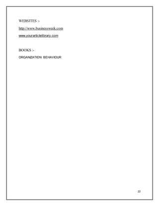 22
WEBSITES :-
http://www.businessweek.com
www.yourarticlelibrary.com
BOOKS :-
ORGANIZATION BEHAVIOUR
 