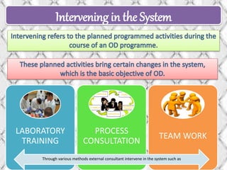 Intervening in the System
LABORATORY
TRAINING
PROCESS
CONSULTATION
TEAM WORK
Through various methods external consultant intervene in the system such as
 