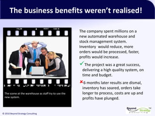 TM
© 2010 Beyond Strategy Consulting
The business benefits weren’t realised!
The company spent millions on a
new automated warehouse and
stock management system.
Inventory would reduce, more
orders would be processed, faster,
profits would increase.
✓The project was a great success,
delivering a high quality system, on
time and budget.
6 months later results are dismal,
inventory has soared, orders take
longer to process, costs are up and
profits have plunged.
The scene at the warehouse as staff try to use the
new system.
 