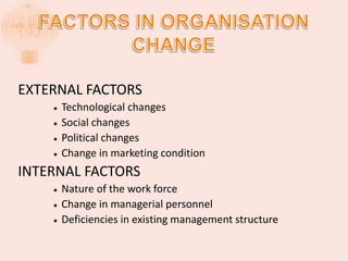 EXTERNAL FACTORS
 Technological changes
 Social changes
 Political changes
 Change in marketing condition
INTERNAL FACTORS
 Nature of the work force
 Change in managerial personnel
 Deficiencies in existing management structure
 