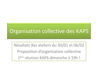 Organisation collective des KAPS

 Résultats des ateliers du 30/01 et 06/02
  Proposition d’organisation collective
   1ère réunion KAPS dimanche à 19h !
 