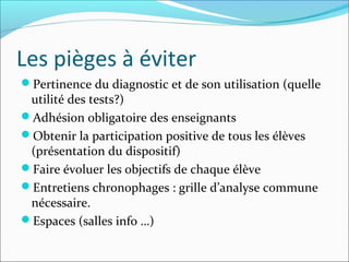 Les pièges à éviter
Pertinence du diagnostic et de son utilisation (quelle

utilité des tests?)
Adhésion obligatoire des enseignants
Obtenir la participation positive de tous les élèves
(présentation du dispositif)
Faire évoluer les objectifs de chaque élève
Entretiens chronophages : grille d’analyse commune
nécessaire.
Espaces (salles info …)

 