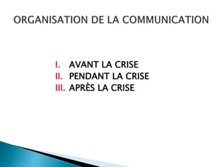 I. AVANT LA CRISE
II. PENDANT LA CRISE
III. APRÈS LA CRISE
 