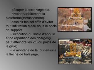 -décaper la terre végétale.
-niveler parfaitement la
plateforme(terrassement).
-assainir les sol affin d’éviter
tout infiltration d’eau sous le socle
de support.
-l’exécution du socle d’appuie
et de répartition des charges(il
peut atteindre les 2/3 du poids de
la grue).
- le montage de la tour ensuite
la flèche de balayage.
 