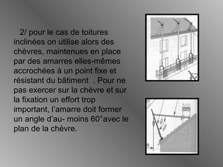 2/ pour le cas de toitures
inclinées on utilise alors des
chèvres, maintenues en place
par des amarres elles-mêmes
accrochées à un point fixe et
résistant du bâtiment . Pour ne
pas exercer sur la chèvre et sur
la fixation un effort trop
important, l’amarre doit former
un angle d’au- moins 60°avec le
plan de la chèvre.
 