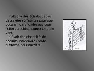 l’attache des échafaudages
devra être suffisantes pour que
ceux-ci ne s’effondre pas sous
l’effet du poids a supporter ou le
vent.
prévoir des dispositifs de
sécurité individuelle (corde
d’attache pour ouvriers).
 