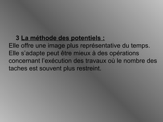 3 La méthode des potentiels :
Elle offre une image plus représentative du temps.
Elle s’adapte peut être mieux à des opérations
concernant l’exécution des travaux où le nombre des
taches est souvent plus restreint.
 