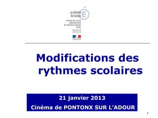 Modifications des
 rythmes scolaires

       21 janvier 2013
Cinéma de PONTONX SUR L’ADOUR
                                1
 