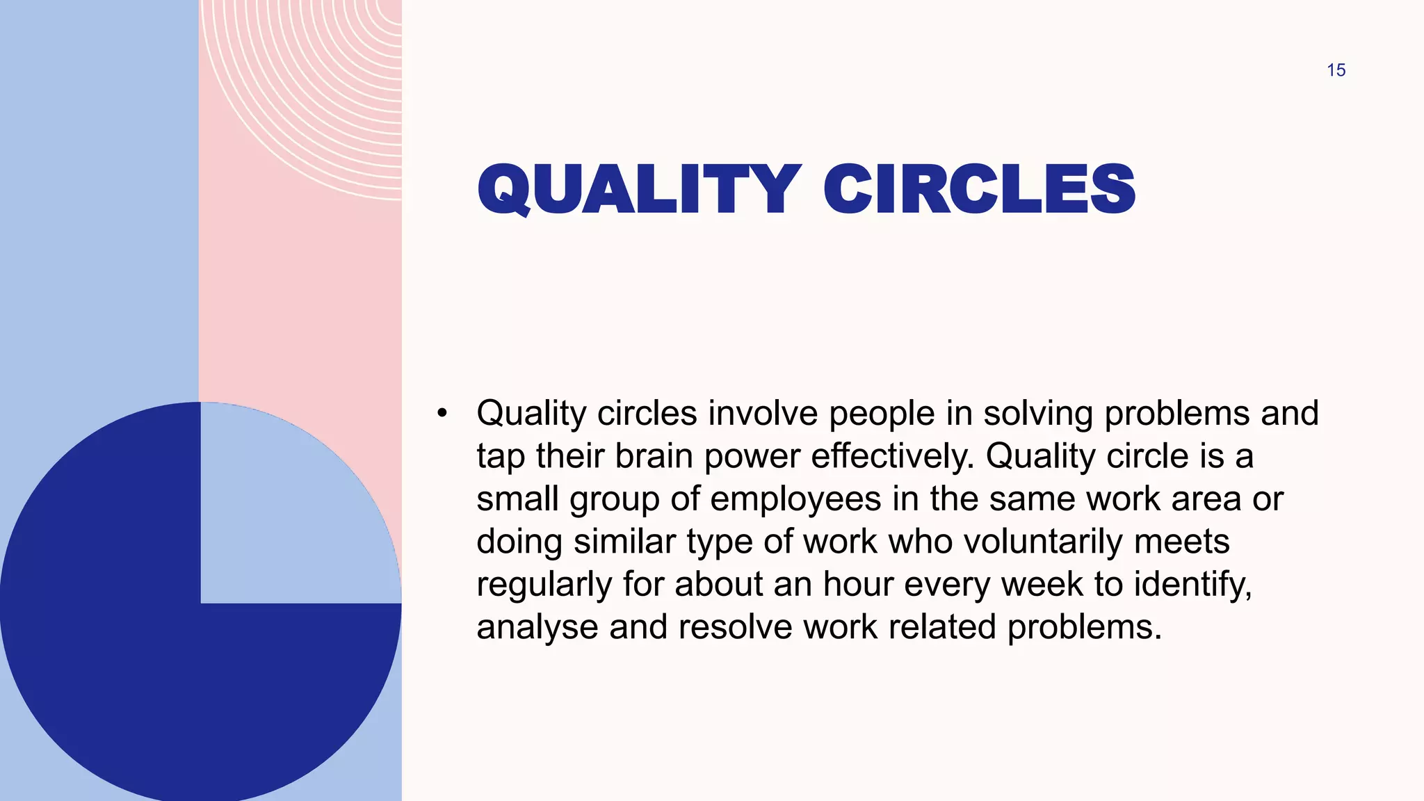 QUALITY CIRCLES
15
• Quality circles involve people in solving problems and
tap their brain power effectively. Quality circle is a
small group of employees in the same work area or
doing similar type of work who voluntarily meets
regularly for about an hour every week to identify,
analyse and resolve work related problems.
 