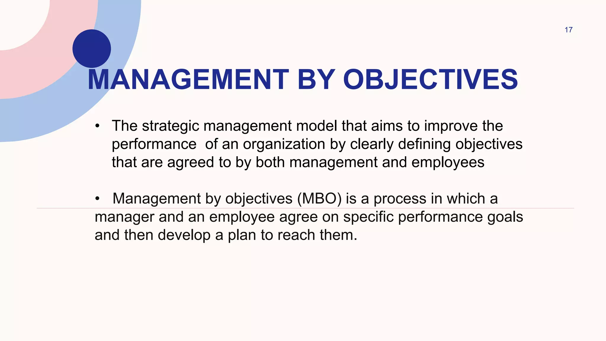 MANAGEMENT BY OBJECTIVES
17
• The strategic management model that aims to improve the
performance of an organization by clearly defining objectives
that are agreed to by both management and employees
• Management by objectives (MBO) is a process in which a
manager and an employee agree on specific performance goals
and then develop a plan to reach them.
 