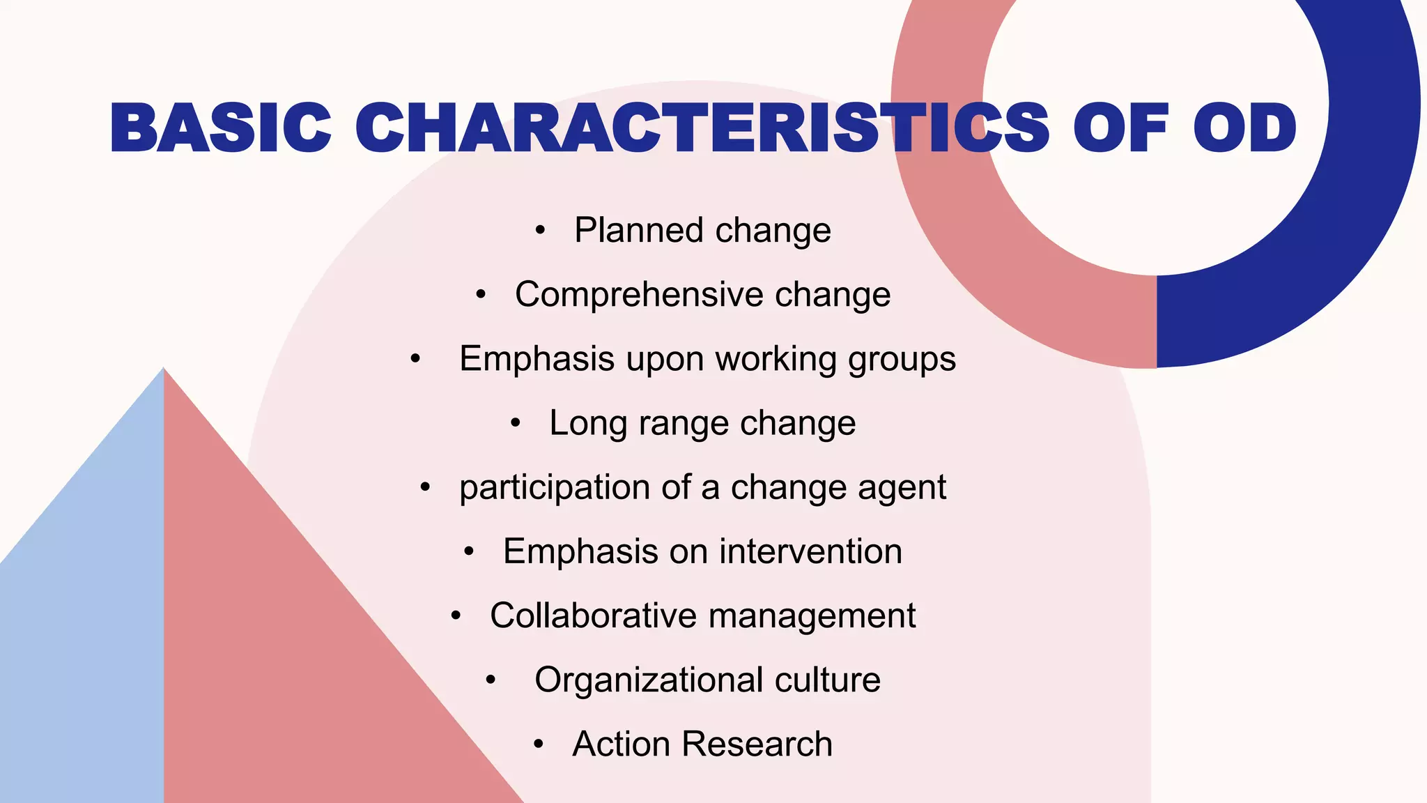 BASIC CHARACTERISTICS OF OD
• Planned change
• Comprehensive change
• Emphasis upon working groups
• Long range change
• participation of a change agent
• Emphasis on intervention
• Collaborative management
• Organizational culture
• Action Research
 