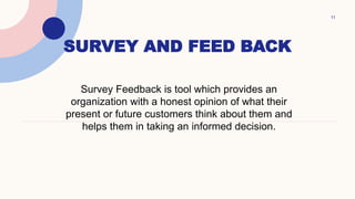 SURVEY AND FEED BACK
11
Survey Feedback is tool which provides an
organization with a honest opinion of what their
present...