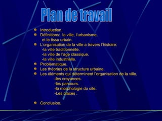 Introduction.
Définitions: la ville, l’urbanisme,
et le tissu urbain.
L’organisation de la ville a travers l’histoire:
-la ville traditionnelle.
-la ville de l’age classique.
-la ville industrielle.
Problématique.
Les théories de la structure urbaine.
Les éléments qui déterminent l’organisation de la ville.
-les croyances.
-les parcours.
-la morphologie du site.
-Les places .
Conclusion.
 