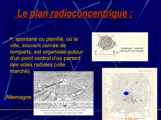 , spontané ou planifié, où la, spontané ou planifié, où la
ville, souvent cernée deville, souvent cernée de
remparts, est organisée autourremparts, est organisée autour
d’un point central d’où partentd’un point central d’où partent
des voies radiales (villedes voies radiales (ville
marché).marché).
Le plan radioconcentrique :Le plan radioconcentrique :
AllemagneAllemagne
 