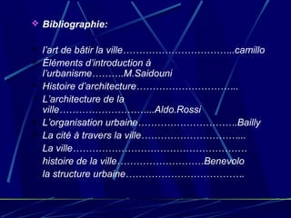  Bibliographie:
 l’art de bâtir la ville……………………………..camillo
 Éléments d’introduction à
l’urbanisme……….M.Saidouni
 Histoire d’architecture…………………………..
 L’architecture de la
ville………………………...Aldo.Rossi
 L’organisation urbaine………………………….Bailly
 La cité à travers la ville…………………………...
La ville………………………………………………
histoire de la ville………………………Benevolo
la structure urbaine……………………………….
 