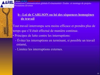 b - Loi de CARLSON ou loi des séquences homogènes
de travail
Tout travail interrompu sera moins efficace et prendra plus de
temps que s’il était effectué de manière continue.
• Principes de lutte contre les interruptions:
- Évitez les interruptions en terminant, si possible un travail
entamé,
- Limitez les interruptions externes.
10
Cabinet ARIEL ASSISTANCE
Formation-Communication globale-Evènementiel- Etudes et montage de projets-
Prestations diverses
 