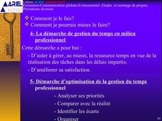 4- La démarche de gestion du temps en milieu
professionnel
Cette démarche a pour but :
- D’aider à gérer, au mieux, la ressource temps en vue de la
réalisation des tâches dans les délais impartis;
- D’améliorer sa satisfaction.
5- Démarche d’optimisation de la gestion du temps
professionnel
- Analyser ses priorités
- Comparer avec la réalité
- Identifier les écarts
- Organiser 20
Cabinet ARIEL ASSISTANCE
Formation-Communication globale-Evènementiel- Etudes et montage de projets-
Prestations diverses
 Comment je le fais?
 Comment je pourrais mieux le faire?
 