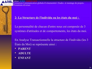 2- La Structure de l'individu ou les états du moi :
La personnalité de chacun d'entre nous est composée de 3
systèmes d'attitudes et de comportements, les états du moi.
En Analyse Transactionnelle la structure de l'individu (les 3
États du Moi) se représente ainsi :
 PARENT
 ADULTE
 ENFANT
26
Cabinet ARIEL ASSISTANCE
Formation-Communication globale-Evènementiel- Etudes et montage de projets-
Prestations diverses
 
