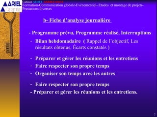 - Bilan hebdomadaire ( Rappel de l’objectif, Les
résultats obtenus, Écarts constatés )
- Préparer et gérer les réunions et les entretiens
- Faire respecter son propre temps
- Organiser son temps avec les autres
- Faire respecter son propre temps
- Préparer et gérer les réunions et les entretiens.
7
Cabinet ARIEL ASSISTANCE
Formation-Communication globale-Evènementiel- Etudes et montage de projets-
Prestations diverses
b- Fiche d’analyse journalière
- Programme prévu, Programme réalisé, Interruptions
 