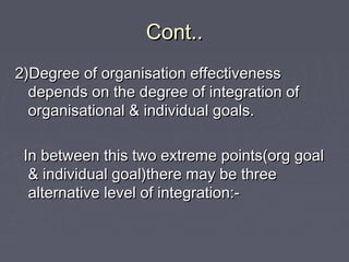 Cont..Cont..
2)Degree of organisation effectiveness2)Degree of organisation effectiveness
depends on the degree of integration ofdepends on the degree of integration of
organisational & individual goals.organisational & individual goals.
In between this two extreme points(org goalIn between this two extreme points(org goal
& individual goal)there may be three& individual goal)there may be three
alternative level of integration:-alternative level of integration:-
 