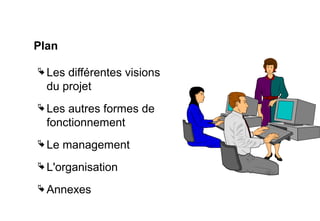 Plan
 Les différentes visions
du projet
 Les autres formes de
fonctionnement
 Le management
 L'organisation
 Annexes
 