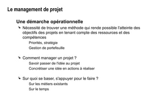 Le management de projet
Une démarche opérationnelle
 Nécessité de trouver une méthode qui rende possible l'atteinte des
objectifs des projets en tenant compte des ressources et des
compétences
Priorités, stratégie
Gestion de portefeuille
 Comment manager un projet ?
Savoir passer de l'idée au projet
Concrétiser une idée en actions à réaliser
 Sur quoi se baser, s'appuyer pour le faire ?
Sur les métiers existants
Sur le temps
 