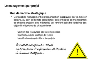 Le management par projet
Une démarche stratégique
 Concept de management et d'organisation s'appuyant sur la mise en
oeuvre, au sein de l'entité considérée, des principes de management
de chaque projet et des méthodes qui rendent possible l'atteinte des
objectifs négociés de chacun d'eux :
Gestion des ressources et des compétences
Clarification de la stratégie de l'entité
Identification des priorités entre projets
Ce mode de management n`est pas
neutre en termes d`organisation, de structure,
de décisions stratégiques... !
 