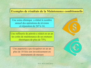 Exemples de résultats de la Maintenance conditionnelle
Une usine chimique a réduit le nombre
annuel des opérations de révision
et réparation de 247 à 14.
Une raffinerie de pétrole a réduit en un an
les coûts de maintenance de ses moteurs
électriques de plus de 75%
Une papeterie a pu récupérer en un an
plus de 10 fois son investissement en
instruments de mesure

Prof. BOUAMI Driss

113

 