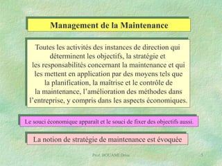 Management de la Maintenance
Toutes les activités des instances de direction qui
déterminent les objectifs, la stratégie et
les responsabilités concernant la maintenance et qui
les mettent en application par des moyens tels que
la planification, la maîtrise et le contrôle de
la maintenance, l’amélioration des méthodes dans
l’entreprise, y compris dans les aspects économiques.
Le souci économique apparaît et le souci de fixer des objectifs aussi.

La notion de stratégie de maintenance est évoquée
Prof. BOUAMI Driss

5

 