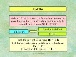 Fiabilité
Aptitude d ’un bien à accomplir une fonction requise
dans des conditions données, durant un intervalle de
temps donné. (Norme NF EN 13306)
Indicateurs

Fonction Fiabilité R
MTBF

Fiabilité de n entités en série: Rs =  Ri
Fiabilité de n entités en parallèle ou en redondance:
Fs =  Fi
F: Fonction défaillance ; F = 1- R
Prof. BOUAMI Driss

9

 