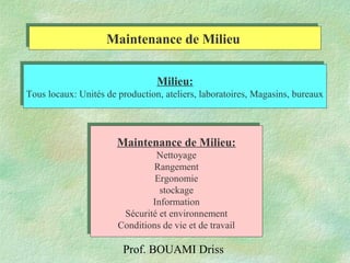 Prof. BOUAMI Driss
Milieu:
Tous locaux: Unités de production, ateliers, laboratoires, Magasins, bureaux
Milieu:
Tous locaux: Unités de production, ateliers, laboratoires, Magasins, bureaux
Maintenance de Milieu:
Nettoyage
Rangement
Ergonomie
stockage
Information
Sécurité et environnement
Conditions de vie et de travail
Maintenance de Milieu:
Nettoyage
Rangement
Ergonomie
stockage
Information
Sécurité et environnement
Conditions de vie et de travail
Maintenance de MilieuMaintenance de Milieu
 