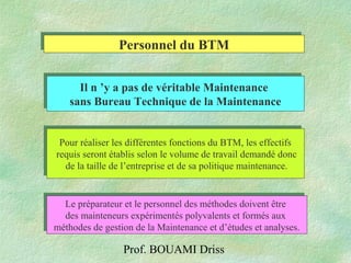 Prof. BOUAMI Driss
Personnel du BTMPersonnel du BTM
Il n ’y a pas de véritable Maintenance
sans Bureau Technique de la Maintenance
Il n ’y a pas de véritable Maintenance
sans Bureau Technique de la Maintenance
Pour réaliser les différentes fonctions du BTM, les effectifs
requis seront établis selon le volume de travail demandé donc
de la taille de l’entreprise et de sa politique maintenance.
Pour réaliser les différentes fonctions du BTM, les effectifs
requis seront établis selon le volume de travail demandé donc
de la taille de l’entreprise et de sa politique maintenance.
Le préparateur et le personnel des méthodes doivent être
des mainteneurs expérimentés polyvalents et formés aux
méthodes de gestion de la Maintenance et d’études et analyses.
Le préparateur et le personnel des méthodes doivent être
des mainteneurs expérimentés polyvalents et formés aux
méthodes de gestion de la Maintenance et d’études et analyses.
 