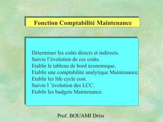 Prof. BOUAMI Driss
Fonction Comptabilité MaintenanceFonction Comptabilité Maintenance
Déterminer les coûts directs et indirects.
Suivre l’évolution de ces coûts.
Etablir le tableau de bord économique.
Etablir une comptabilité analytique Maintenance.
Etablir les life cycle cost.
Suivre l ’évolution des LCC.
Etablir les budgets Maintenance.
Déterminer les coûts directs et indirects.
Suivre l’évolution de ces coûts.
Etablir le tableau de bord économique.
Etablir une comptabilité analytique Maintenance.
Etablir les life cycle cost.
Suivre l ’évolution des LCC.
Etablir les budgets Maintenance.
 