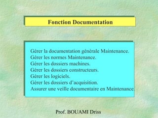 Prof. BOUAMI Driss
Fonction DocumentationFonction Documentation
Gérer la documentation générale Maintenance.
Gérer les normes Maintenance.
Gérer les dossiers machines.
Gérer les dossiers constructeurs.
Gérer les logiciels.
Gérer les dossiers d’acquisition.
Assurer une veille documentaire en Maintenance.
Gérer la documentation générale Maintenance.
Gérer les normes Maintenance.
Gérer les dossiers machines.
Gérer les dossiers constructeurs.
Gérer les logiciels.
Gérer les dossiers d’acquisition.
Assurer une veille documentaire en Maintenance.
 