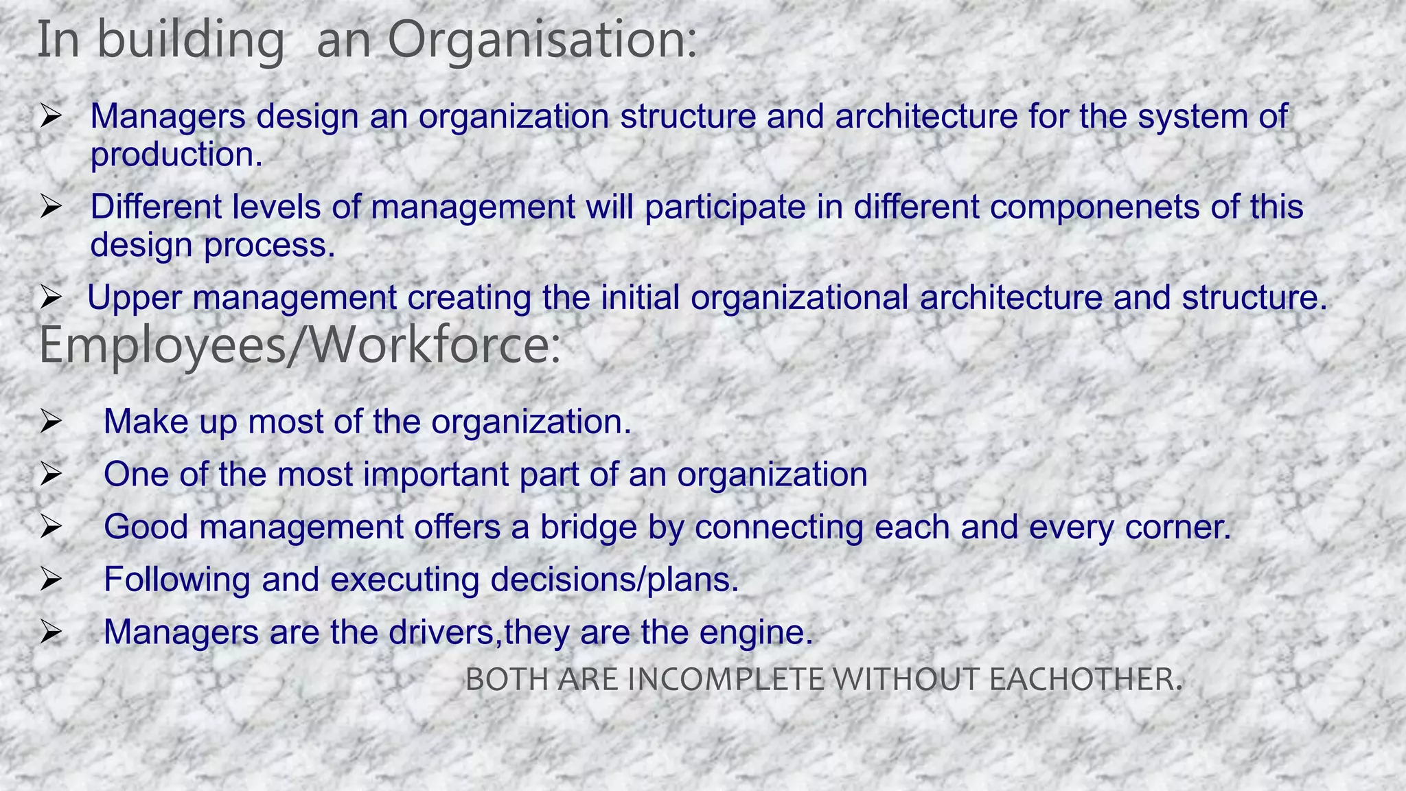 In building an Organisation:
 Managers design an organization structure and architecture for the system of
production.
 Different levels of management will participate in different componenets of this
design process.
 Upper management creating the initial organizational architecture and structure.
Employees/Workforce:
 Make up most of the organization.
 One of the most important part of an organization
 Good management offers a bridge by connecting each and every corner.
 Following and executing decisions/plans.
 Managers are the drivers,they are the engine.
BOTH ARE INCOMPLETE WITHOUT EACHOTHER.
 