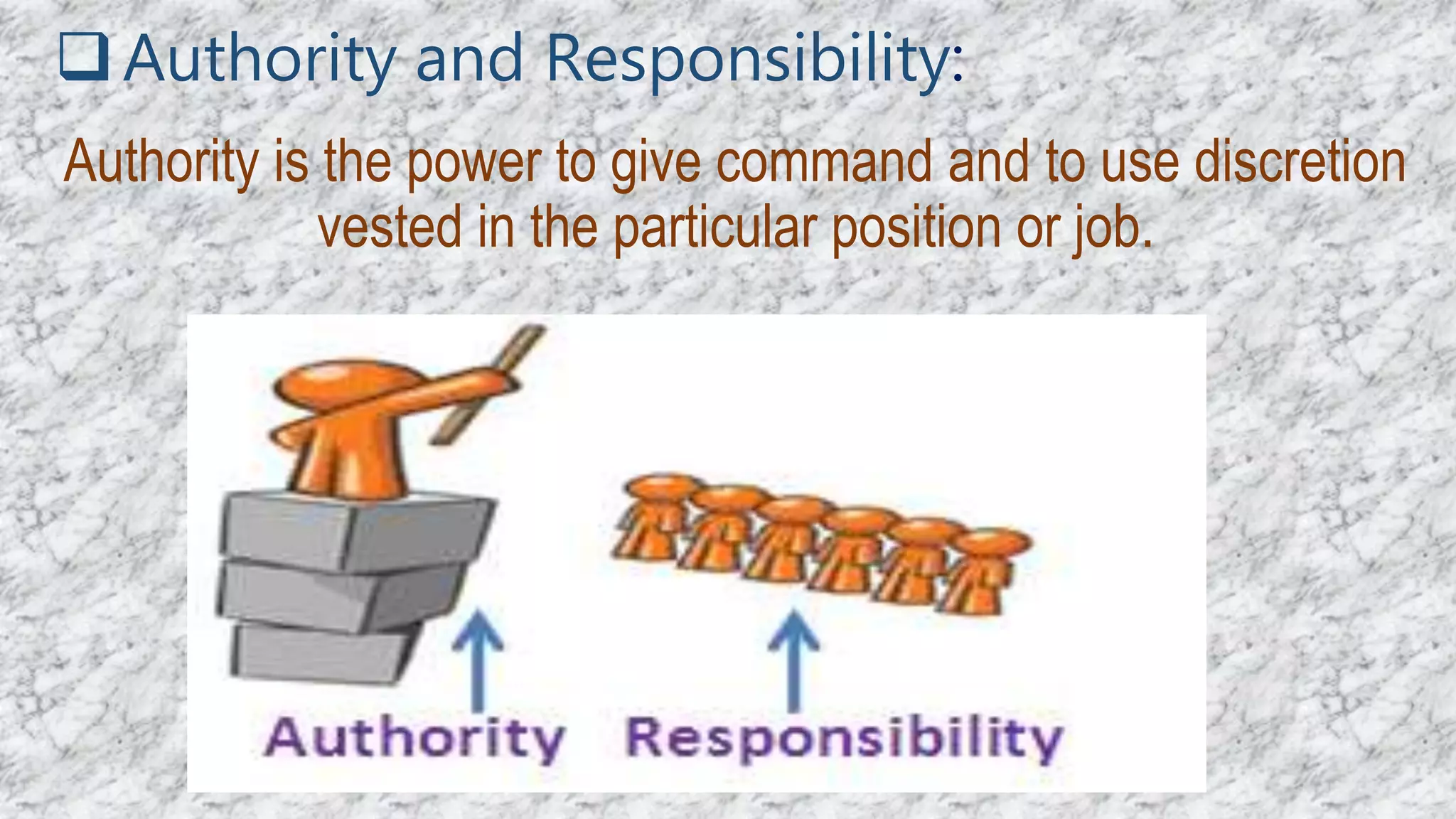Authority and Responsibility:
Authority is the power to give command and to use discretion
vested in the particular position or job.
 