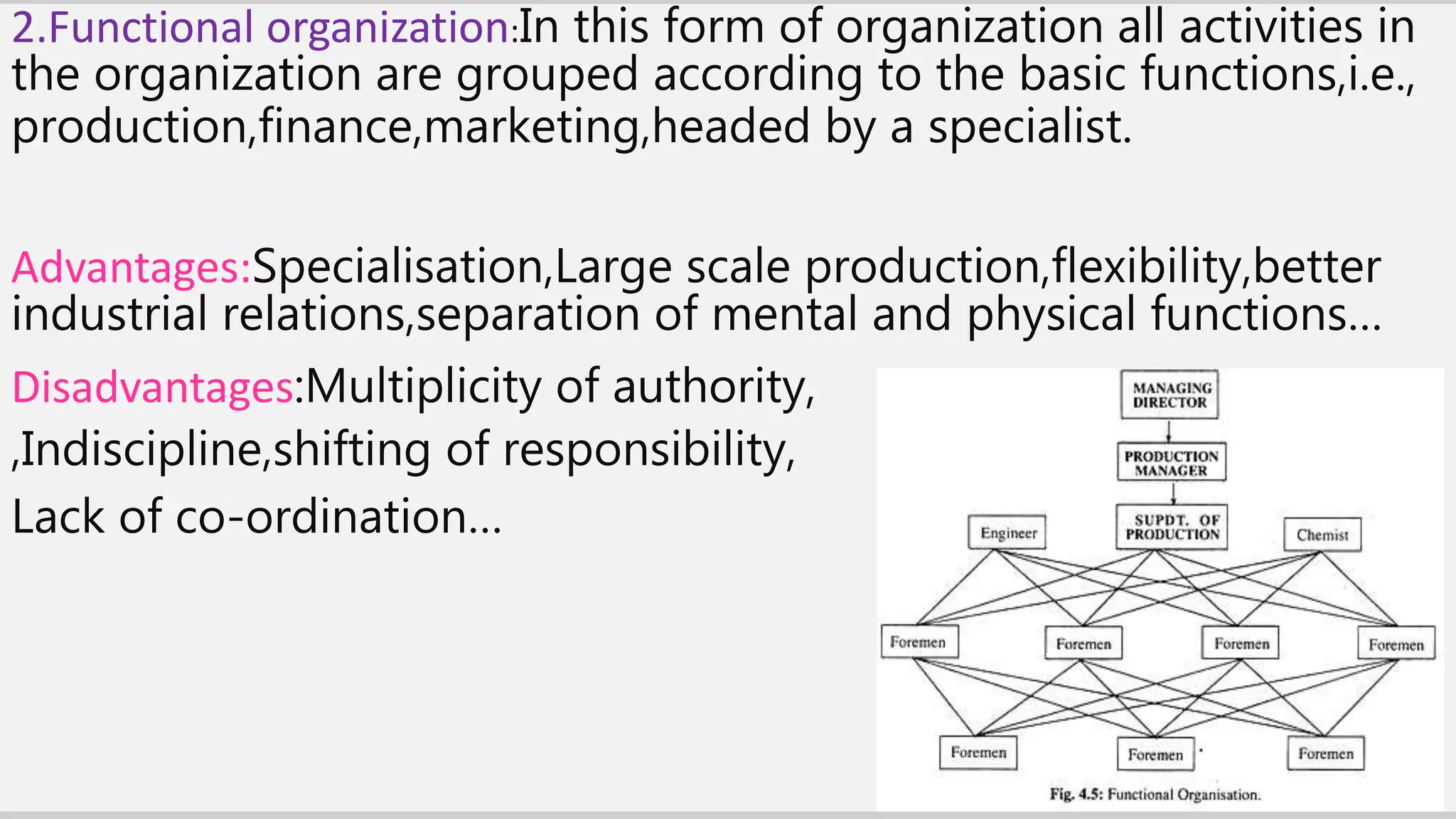 2.Functional organization:In this form of organization all activities in
the organization are grouped according to the basic functions,i.e.,
production,finance,marketing,headed by a specialist.
Advantages:Specialisation,Large scale production,flexibility,better
industrial relations,separation of mental and physical functions…
Disadvantages:Multiplicity of authority,
,Indiscipline,shifting of responsibility,
Lack of co-ordination…
 
