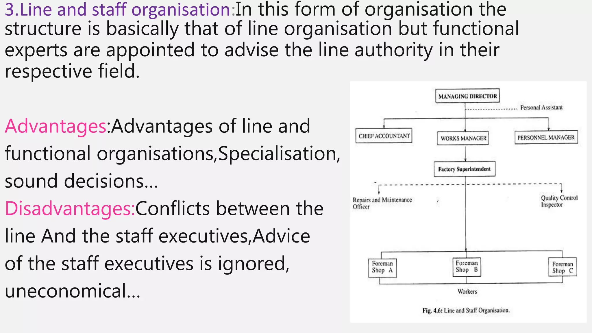 3.Line and staff organisation:In this form of organisation the
structure is basically that of line organisation but functional
experts are appointed to advise the line authority in their
respective field.
Advantages:Advantages of line and
functional organisations,Specialisation,
sound decisions…
Disadvantages:Conflicts between the
line And the staff executives,Advice
of the staff executives is ignored,
uneconomical…
 