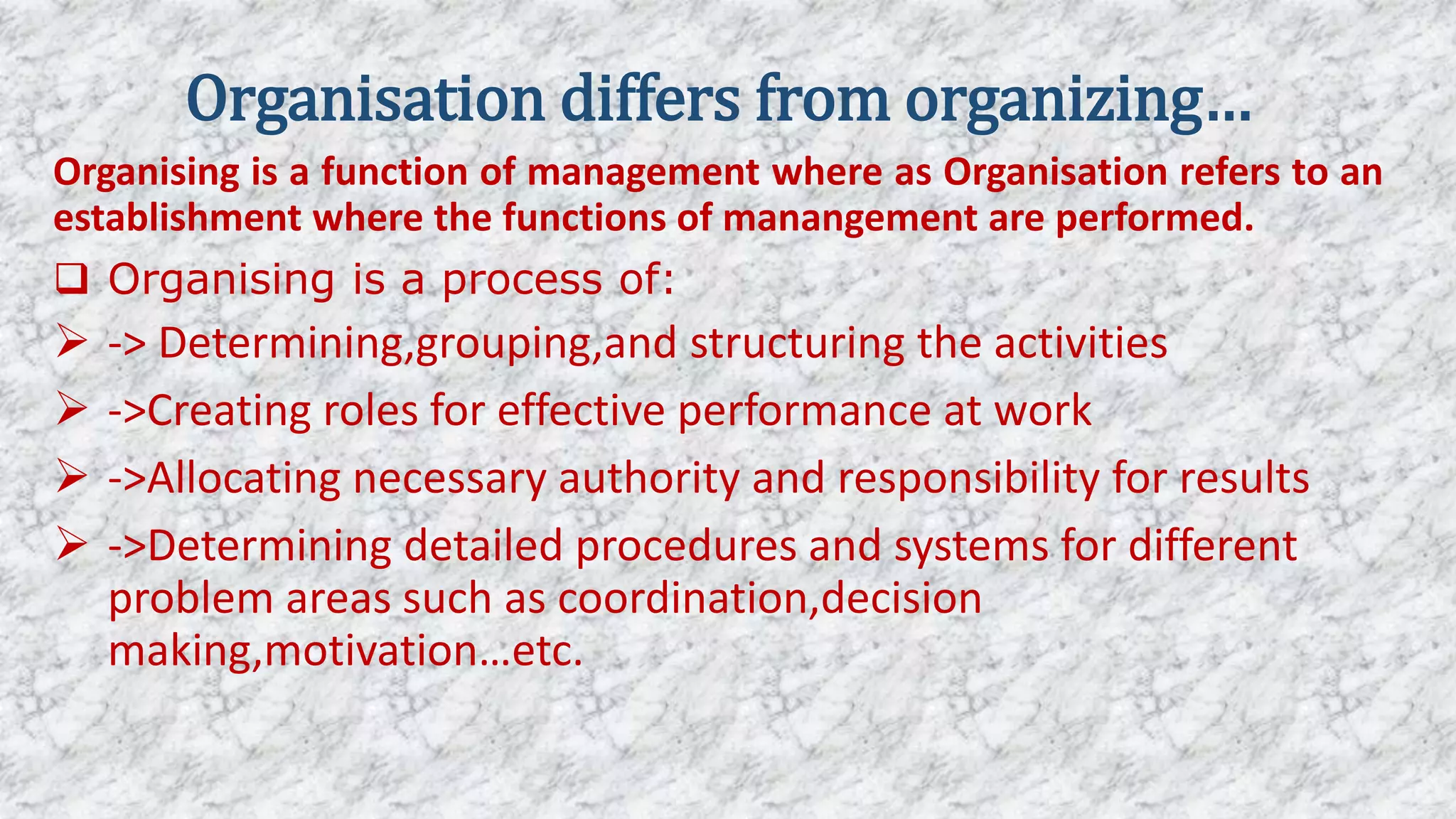Organisation differs from organizing…
Organising is a function of management where as Organisation refers to an
establishment where the functions of manangement are performed.
 Organising is a process of:
 -> Determining,grouping,and structuring the activities
 ->Creating roles for effective performance at work
 ->Allocating necessary authority and responsibility for results
 ->Determining detailed procedures and systems for different
problem areas such as coordination,decision
making,motivation…etc.
 