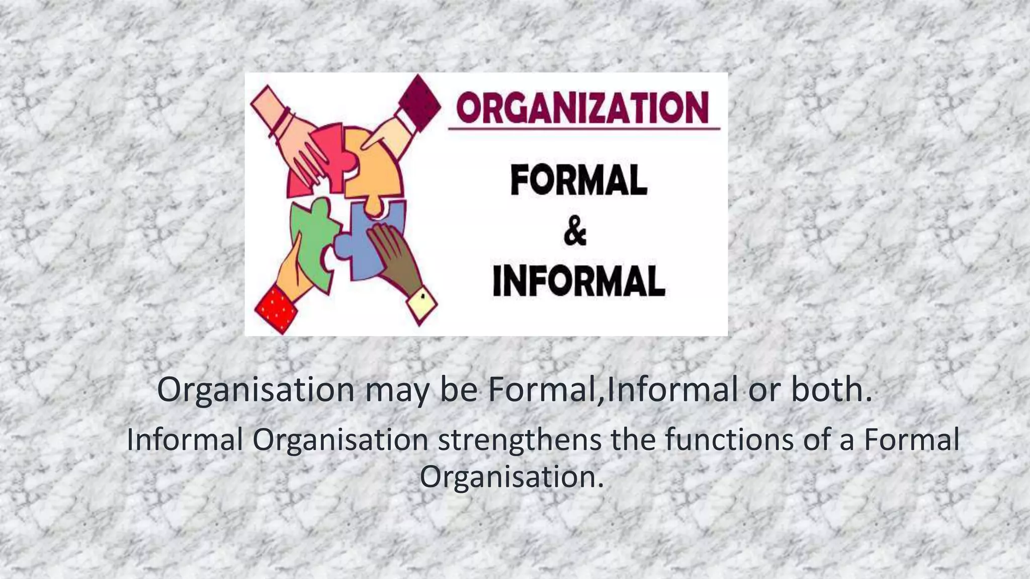 Organisation may be Formal,Informal or both.
Informal Organisation strengthens the functions of a Formal
Organisation.
 