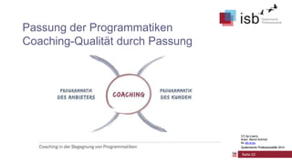 CC-by-Lizenz,
Autor: Bernd Schmid
für isb-w.eu
Systemische Professionalität 2014
Passung der Programmatiken
Coaching-Qualität durch Passung
Seite 22
CC-by-Lizenz,
Autor: Bernd Schmid
für isb-w.eu
Systemische Professionalität 2014
 