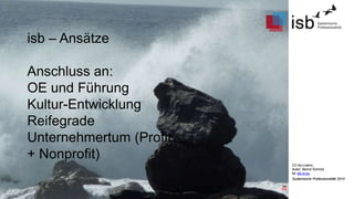 CC-by-Lizenz,
Autor: Bernd Schmid
für isb-w.eu
Systemische Professionalität 2014
isb – Ansätze
Anschluss an:
OE und Führung
Kultur-Entwicklung
Reifegrade
Unternehmertum (Profit
+ Nonprofit)
CC-by-Lizenz,
Autor: Bernd Schmid
für isb-w.eu
Systemische Professionalität 2014
 