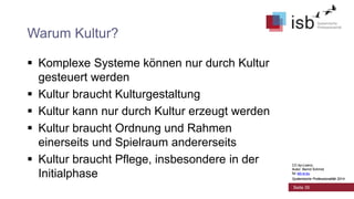 CC-by-Lizenz,
Autor: Bernd Schmid
für isb-w.eu
Systemische Professionalität 2014
Seite 35
Warum Kultur?
 Komplexe Systeme können nur durch Kultur
gesteuert werden
 Kultur braucht Kulturgestaltung
 Kultur kann nur durch Kultur erzeugt werden
 Kultur braucht Ordnung und Rahmen
einerseits und Spielraum andererseits
 Kultur braucht Pflege, insbesondere in der
Initialphase
CC-by-Lizenz,
Autor: Bernd Schmid
für isb-w.eu
Systemische Professionalität 2014
 