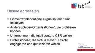 CC-by-Lizenz,
Autor: Bernd Schmid
für isb-w.eu
Systemische Professionalität 2014
Unsere Adressaten
 Gemeinwohlorientierte Organisationen und
Initiativen
 Andere „Geber-Organisationen“, die profitieren
können
 Unternehmen, die intelligentere CSR wollen
 Professionelle, die sich in dieser Hinsicht
engagieren und qualifizieren wollen
Seite 53
CC-by-Lizenz,
Autor: Bernd Schmid
für isb-w.eu
Systemische Professionalität 2014
 