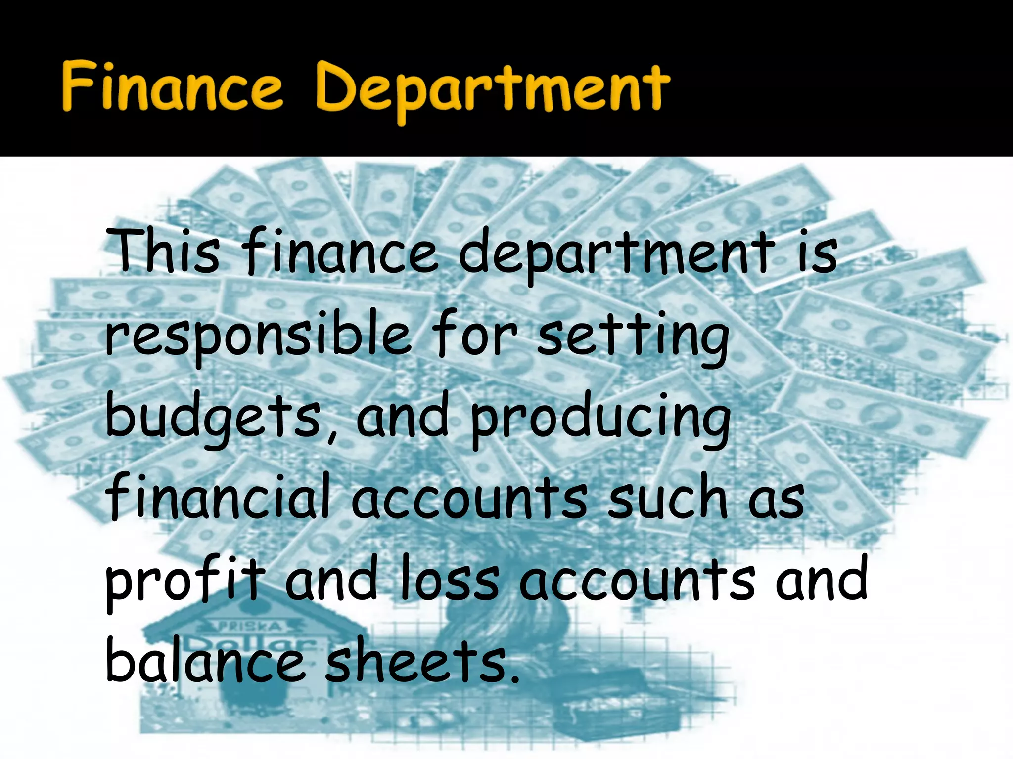 This finance department is
responsible for setting
budgets, and producing
financial accounts such as
profit and loss accounts and
balance sheets.

 