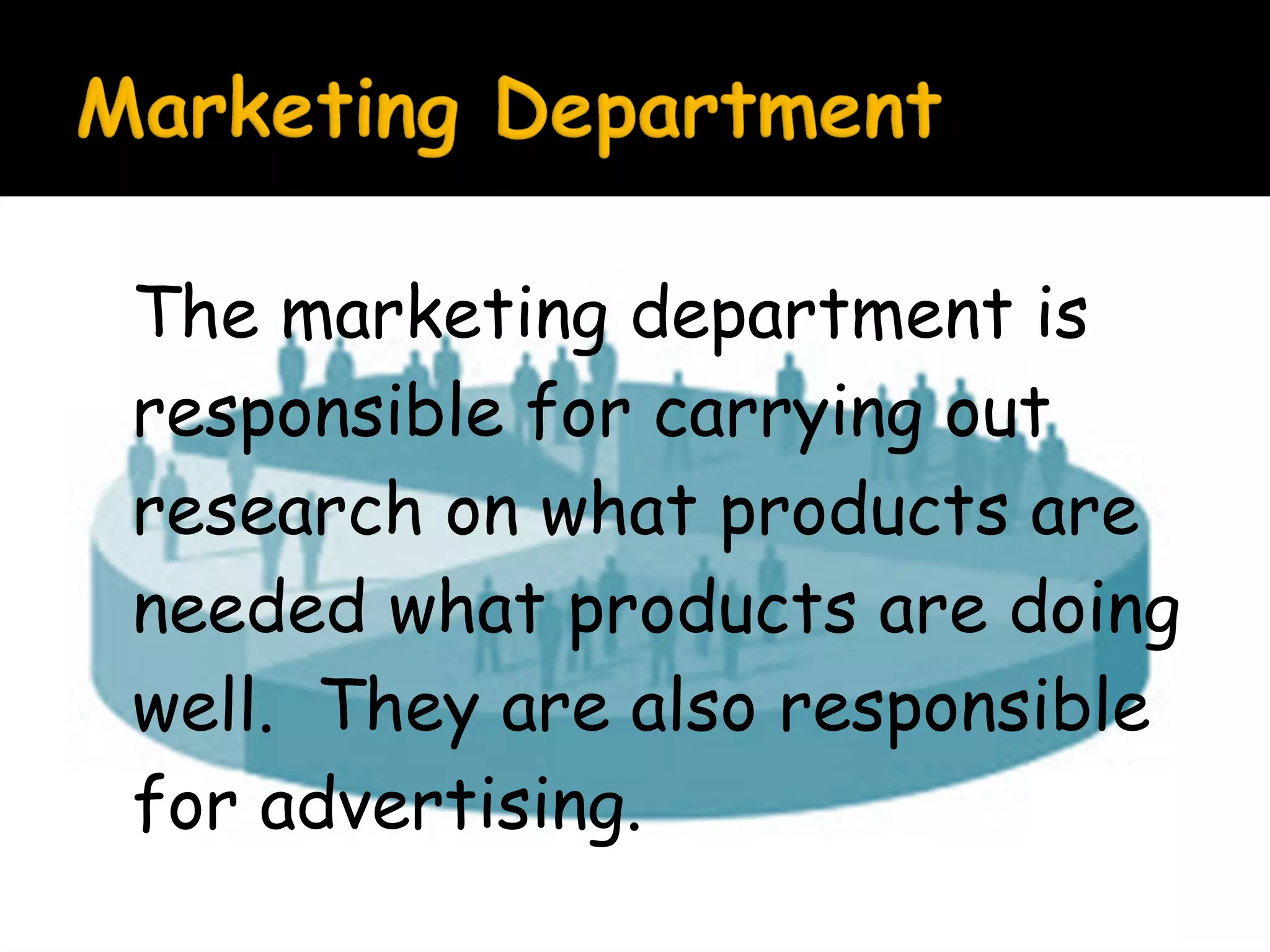 The marketing department is
responsible for carrying out
research on what products are
needed what products are doing
well. They are also responsible
for advertising.

 