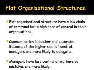  Flat

organisational structure have a low chain
of command but a high span of control in their
organisations.

 Communication

is quicker and accurate.
Because of the higher span of control,
managers are more likely to delegate.

 Managers

have less control of workers so
mistakes are more likely.

 