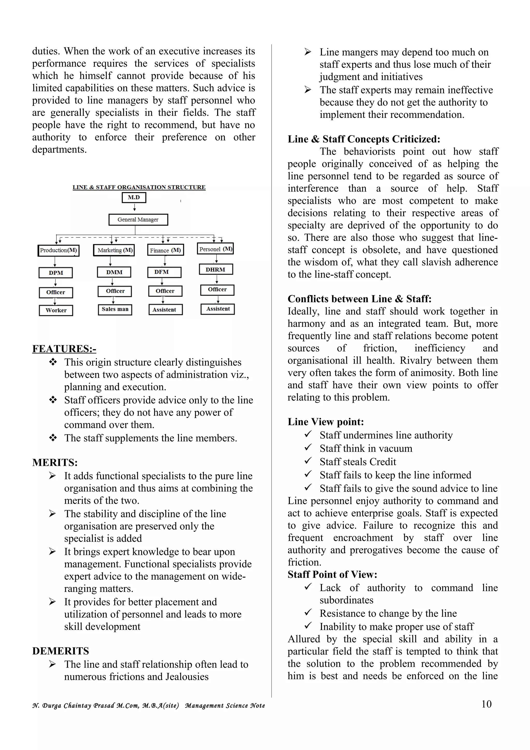 duties. When the work of an executive increases its
performance requires the services of specialists
which he himself cannot provide because of his
limited capabilities on these matters. Such advice is
provided to line managers by staff personnel who
are generally specialists in their fields. The staff
people have the right to recommend, but have no
authority to enforce their preference on other
departments.
FEATURES:-
 This origin structure clearly distinguishes
between two aspects of administration viz.,
planning and execution.
 Staff officers provide advice only to the line
officers; they do not have any power of
command over them.
 The staff supplements the line members.
MERITS:
 It adds functional specialists to the pure line
organisation and thus aims at combining the
merits of the two.
 The stability and discipline of the line
organisation are preserved only the
specialist is added
 It brings expert knowledge to bear upon
management. Functional specialists provide
expert advice to the management on wide-
ranging matters.
 It provides for better placement and
utilization of personnel and leads to more
skill development
DEMERITS
 The line and staff relationship often lead to
numerous frictions and Jealousies
 Line mangers may depend too much on
staff experts and thus lose much of their
judgment and initiatives
 The staff experts may remain ineffective
because they do not get the authority to
implement their recommendation.
Line & Staff Concepts Criticized:
The behaviorists point out how staff
people originally conceived of as helping the
line personnel tend to be regarded as source of
interference than a source of help. Staff
specialists who are most competent to make
decisions relating to their respective areas of
specialty are deprived of the opportunity to do
so. There are also those who suggest that line-
staff concept is obsolete, and have questioned
the wisdom of, what they call slavish adherence
to the line-staff concept.
Conflicts between Line & Staff:
Ideally, line and staff should work together in
harmony and as an integrated team. But, more
frequently line and staff relations become potent
sources of friction, inefficiency and
organisational ill health. Rivalry between them
very often takes the form of animosity. Both line
and staff have their own view points to offer
relating to this problem.
Line View point:
 Staff undermines line authority
 Staff think in vacuum
 Staff steals Credit
 Staff fails to keep the line informed
 Staff fails to give the sound advice to line
Line personnel enjoy authority to command and
act to achieve enterprise goals. Staff is expected
to give advice. Failure to recognize this and
frequent encroachment by staff over line
authority and prerogatives become the cause of
friction.
Staff Point of View:
 Lack of authority to command line
subordinates
 Resistance to change by the line
 Inability to make proper use of staff
Allured by the special skill and ability in a
particular field the staff is tempted to think that
the solution to the problem recommended by
him is best and needs be enforced on the line
N. Durga Chaintay Prasad M.Com, M.B.A(site) Management Science Note 10
 