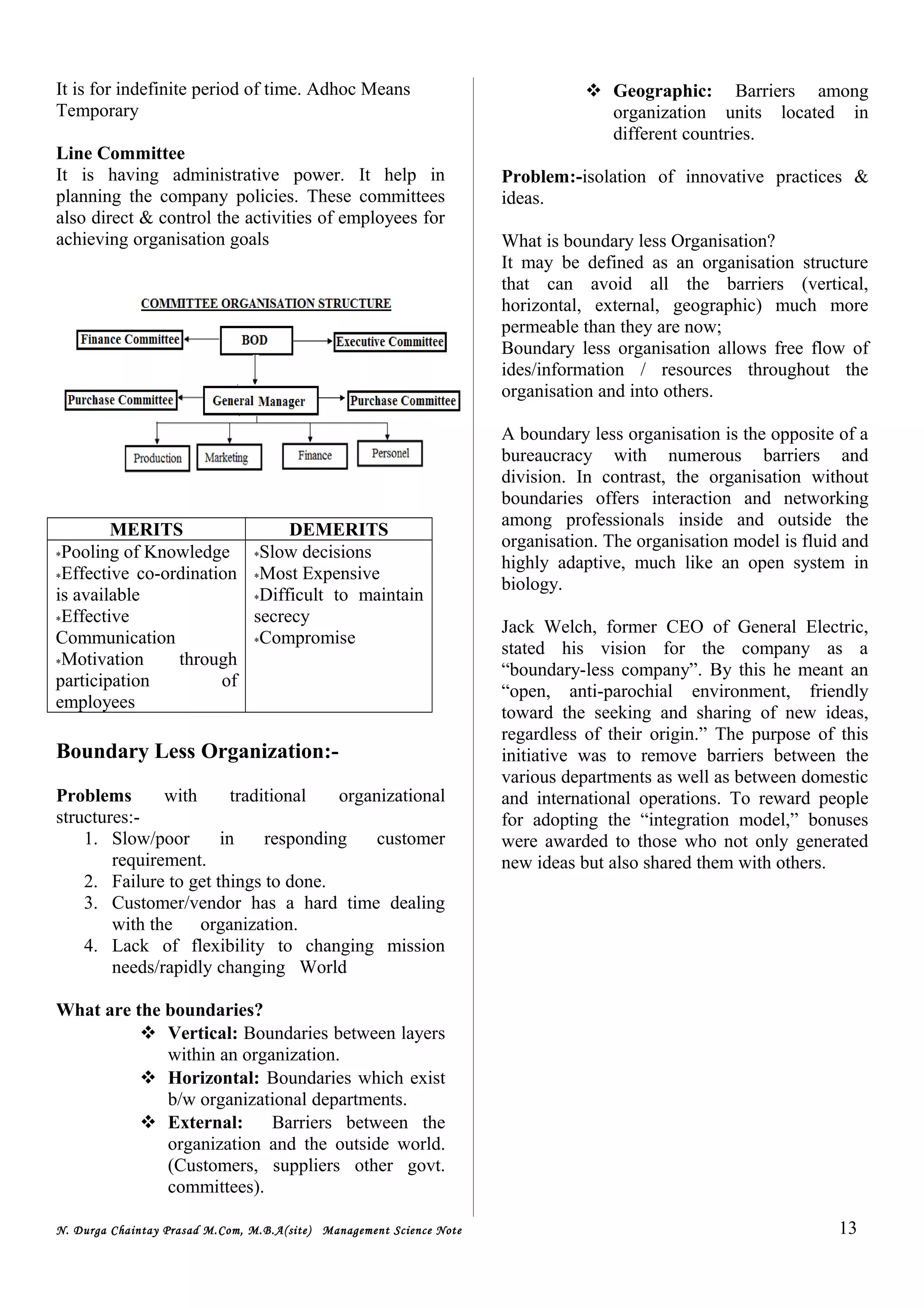 It is for indefinite period of time. Adhoc Means
Temporary
Line Committee
It is having administrative power. It help in
planning the company policies. These committees
also direct & control the activities of employees for
achieving organisation goals
MERITS DEMERITS
*Pooling of Knowledge
*Effective co-ordination
is available
*Effective
Communication
*Motivation through
participation of
employees
*Slow decisions
*Most Expensive
*Difficult to maintain
secrecy
*Compromise
Boundary Less Organization:-
Problems with traditional organizational
structures:-
1. Slow/poor in responding customer
requirement.
2. Failure to get things to done.
3. Customer/vendor has a hard time dealing
with the organization.
4. Lack of flexibility to changing mission
needs/rapidly changing World
What are the boundaries?
 Vertical: Boundaries between layers
within an organization.
 Horizontal: Boundaries which exist
b/w organizational departments.
 External: Barriers between the
organization and the outside world.
(Customers, suppliers other govt.
committees).
 Geographic: Barriers among
organization units located in
different countries.
Problem:-isolation of innovative practices &
ideas.
What is boundary less Organisation?
It may be defined as an organisation structure
that can avoid all the barriers (vertical,
horizontal, external, geographic) much more
permeable than they are now;
Boundary less organisation allows free flow of
ides/information / resources throughout the
organisation and into others.
A boundary less organisation is the opposite of a
bureaucracy with numerous barriers and
division. In contrast, the organisation without
boundaries offers interaction and networking
among professionals inside and outside the
organisation. The organisation model is fluid and
highly adaptive, much like an open system in
biology.
Jack Welch, former CEO of General Electric,
stated his vision for the company as a
“boundary-less company”. By this he meant an
“open, anti-parochial environment, friendly
toward the seeking and sharing of new ideas,
regardless of their origin.” The purpose of this
initiative was to remove barriers between the
various departments as well as between domestic
and international operations. To reward people
for adopting the “integration model,” bonuses
were awarded to those who not only generated
new ideas but also shared them with others.
N. Durga Chaintay Prasad M.Com, M.B.A(site) Management Science Note 13
 